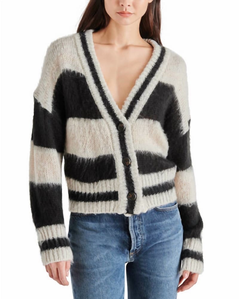 Front of a model wearing a size L Becca Cardigan Sleeve in Black And Grey in Black And Grey by BB Dakota. | dia_product_style_image_id:363065